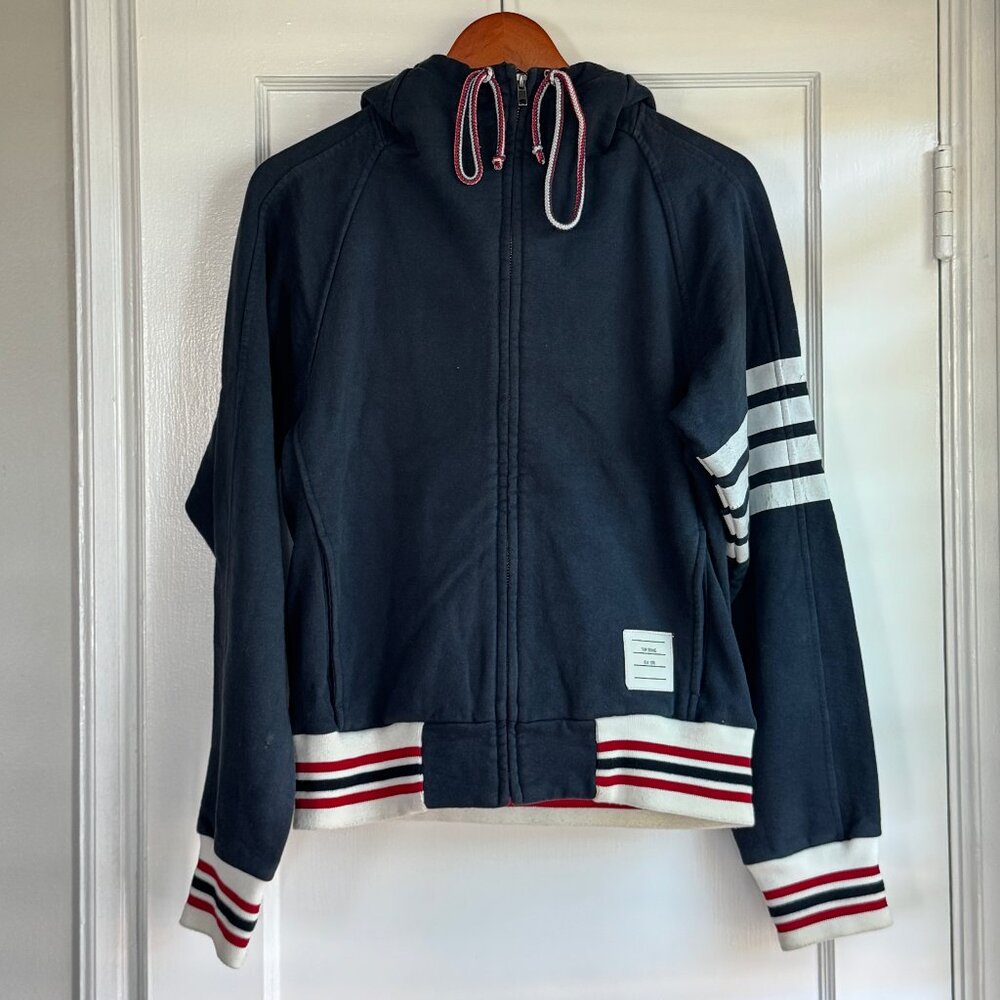 Thom Browne Navy Hoodie Jacket with White & Red Stripe Trim